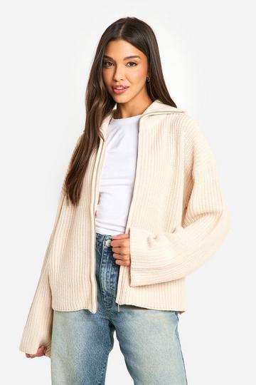 Zip Through Chunky Knitted Cardigan stone