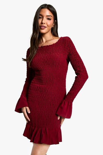 Burgundy Red Shirred Long Sleeve Mini Dress