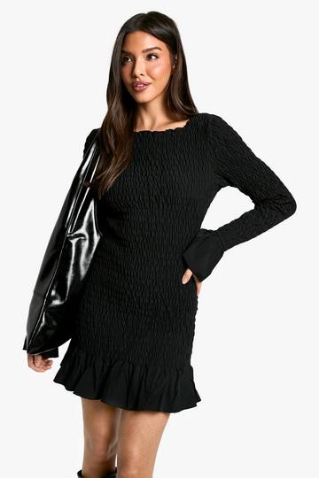 Shirred Long Sleeve Mini Dress black