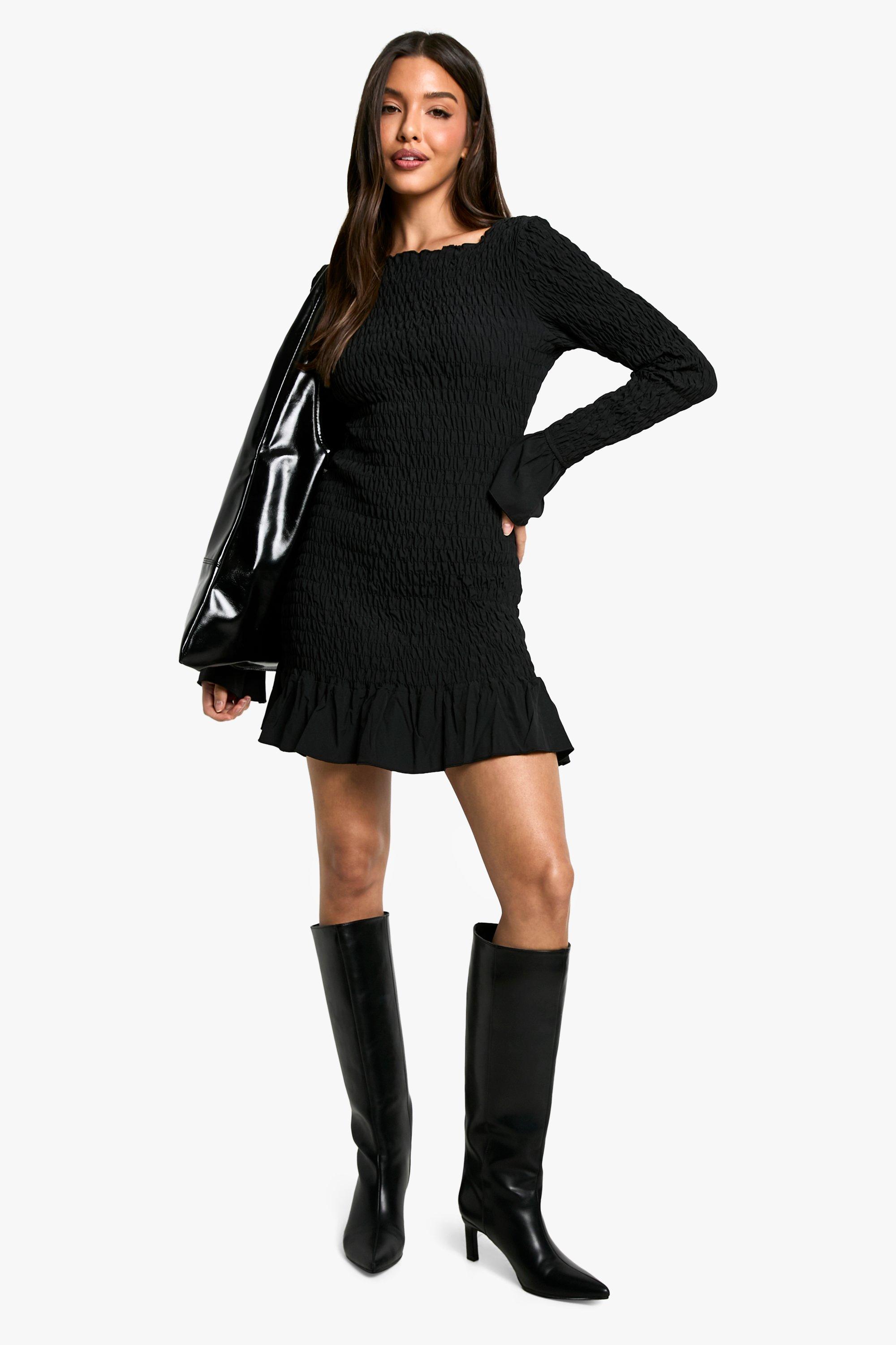 Shirred Long Sleeve Mini Dress boohoo