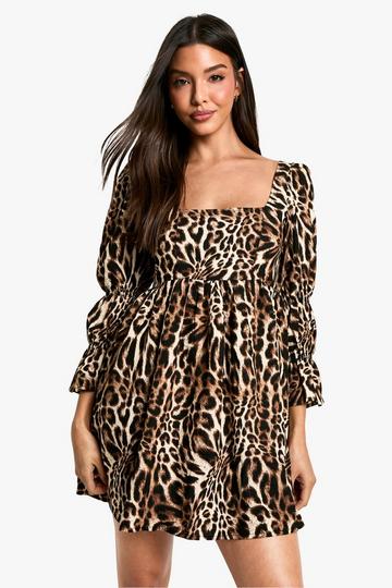 Leopard Gathered Puff Sleeve Smock Dress brown