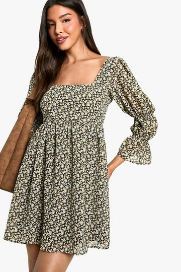 Floral Gathered Puff Sleeve Smock Dress black