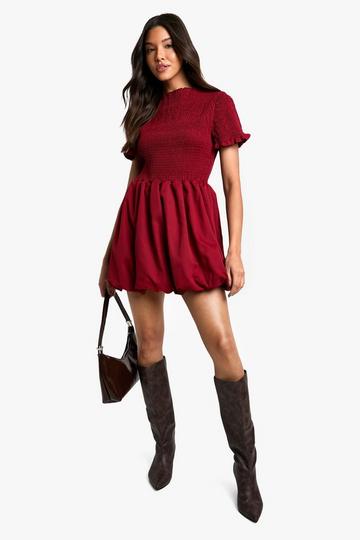 Burgundy Red Shirred Puff Sleeve Mini Dress