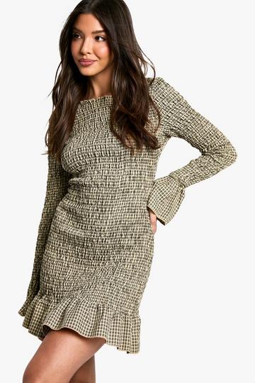 Check Shirred Long Sleeve Mini Dress khaki