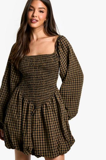 Check Shirred Long Sleeve Puff Sleeve Mini Dress brown