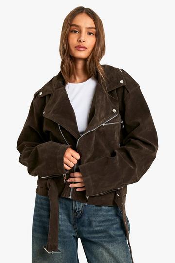 Suede Look Oversized Biker Jacket chocolate