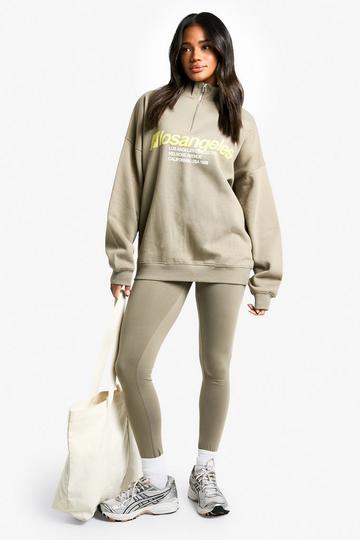 Los Angeles Half Zip Oversized Sweatshirt & Legging Set khaki