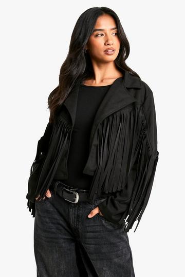 Black Petite Suede Look Fringe Jacket