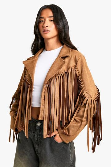 Petite Suede Look Fringe Jacket tan