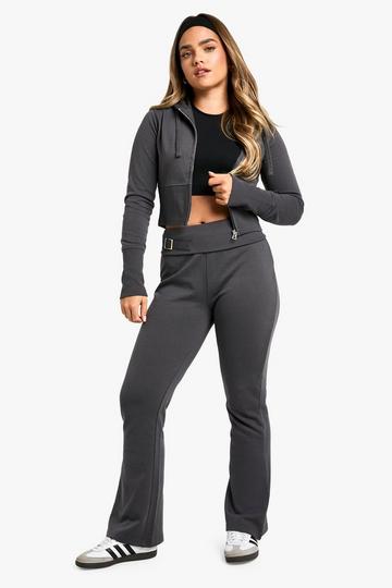 Petite Deep Hem Shrunken Zip Through And Flared Jogger Tracksuit charcoal