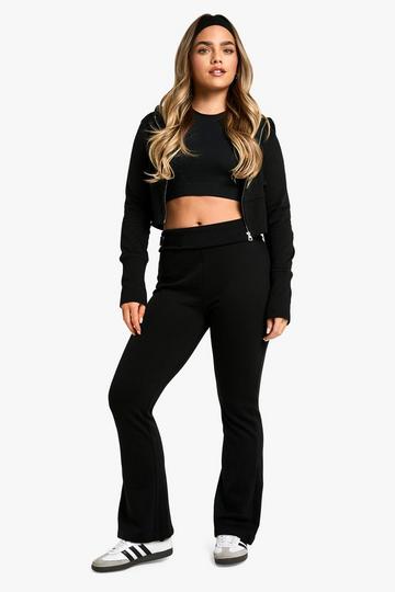 Petite Deep Hem Shrunken Zip Through And Flared Jogger Tracksuit black