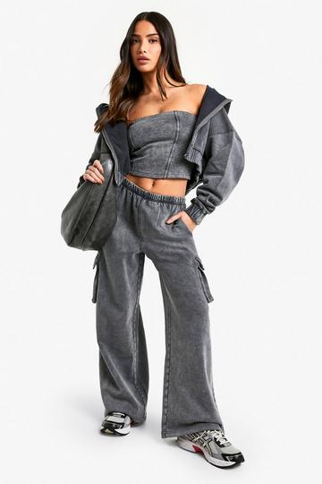 Petite Acid Wash Corset Top Hooded 3 Piece Tracksuit acid wash black