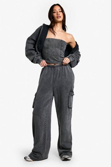 Black Tall Acid Wash Corset Top Hooded 3 Piece Tracksuit