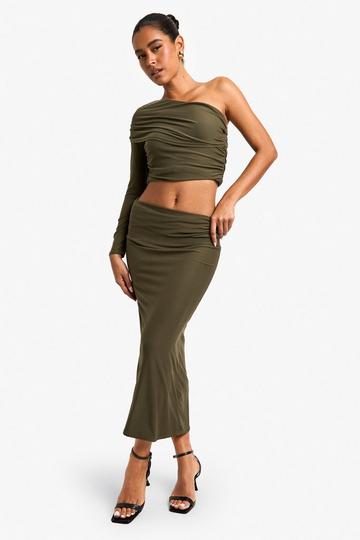 Khaki Super Soft fold Over Waist Midi Skirt