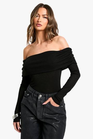 Black Textured Mesh Ruched Off The Shoulder Bodysuit