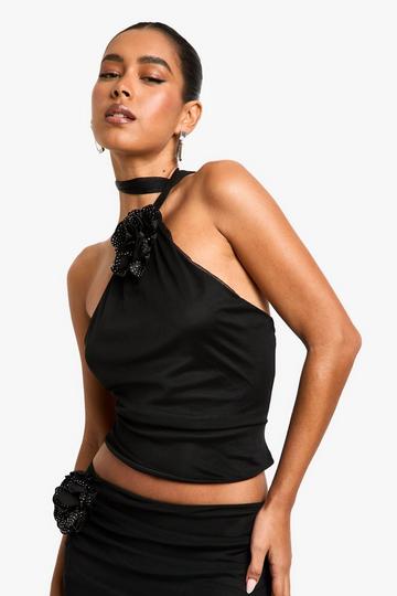 Mesh Tie Neck Top With Diamante Flower black