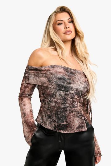 Mesh Foldover Rushed Bardot Top stone