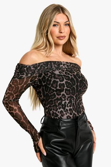 Leopard Print Mesh Bardot Top leopard