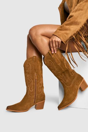 Tan Brown Wide Width Suede Embroidered Western Boot