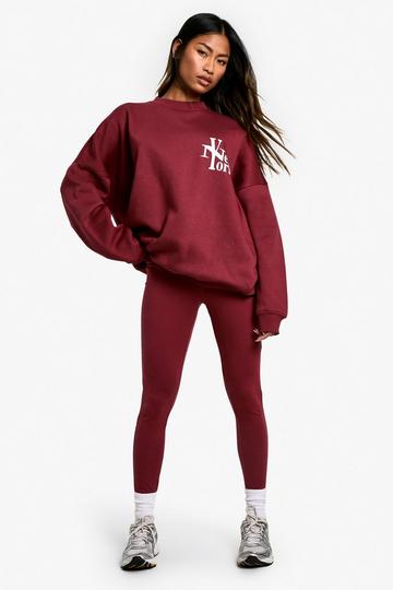 New York Slogan Oversized Crew Neck Sweatshirt And Legging Set burgundy