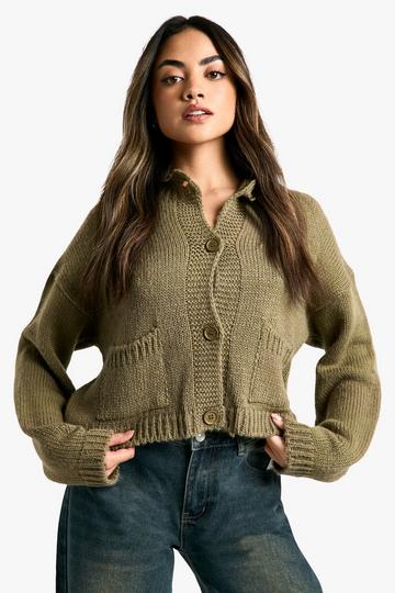 Button Through Soft Knit Cardigan khaki