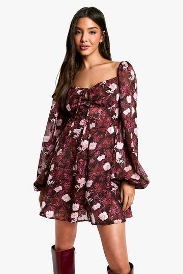 Floral Blouson Sleeve Skater Dress merlot