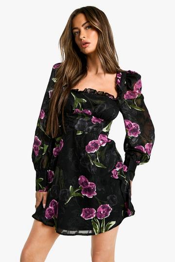 Floral Burnout Milkmaid Dress black