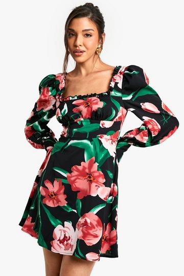 Floral Corset Milkmaid Mini Dress black