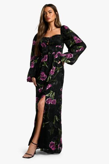 Floral Burnout Milkmaid Maxi Dress black