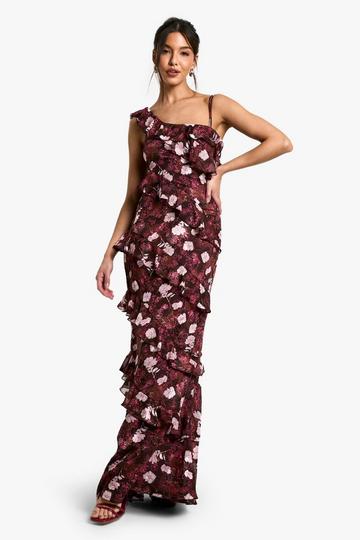 Floral One Shoulder Ruffle Maxi Dress merlot