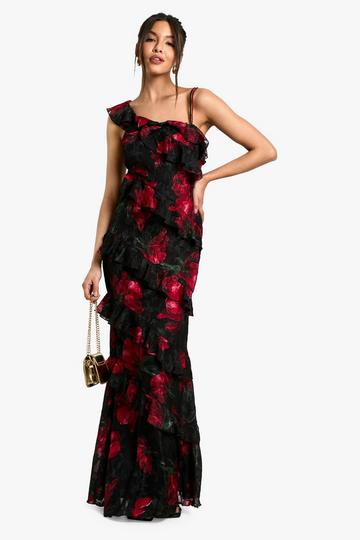 Bloemen Maxi Jurk Met Eén Blote Schouder En Ruches black