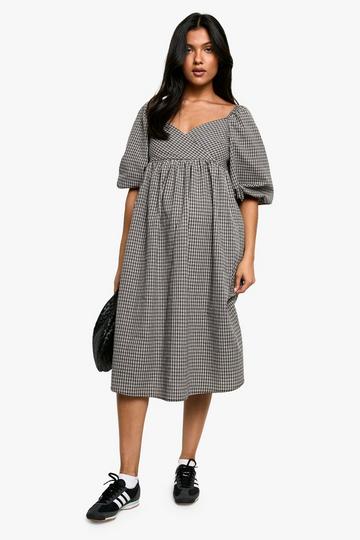 Maternity Woven Check Puff Sleeve Smock Midi Dress black