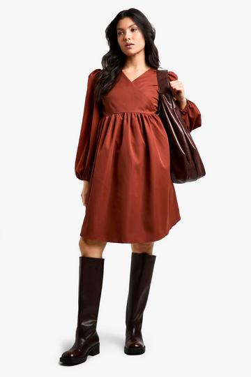 Rust Orange Maternity Woven Long Sleeve Wrap Smock Dress