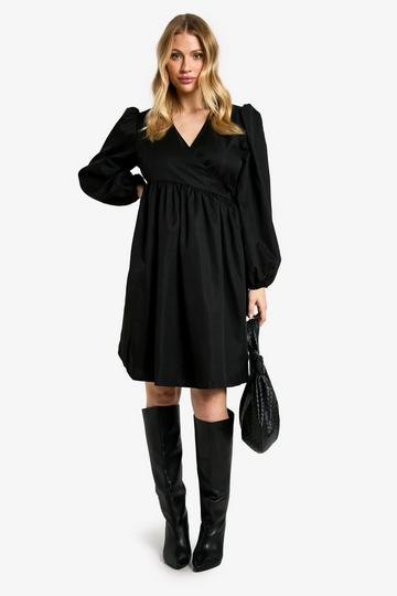 Maternity Woven Long Sleeve Wrap Smock Dress black