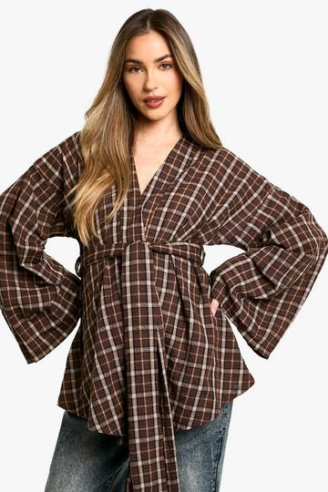 Maternity Off The Shoulder Tie Waist Check Shirt brown