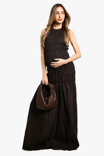 Brown Maternity Shirred Maxi Dress