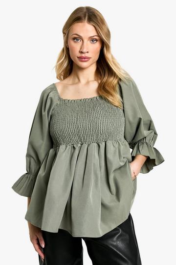 Maternity Woven Shirred Long Sleeve Smock Top khaki