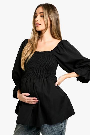 Maternity Woven Shirred Long Sleeve Smock Top black