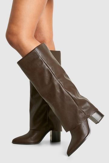 Brown Wide Fit Textured Foldover Stacked Heel Knee High Boots