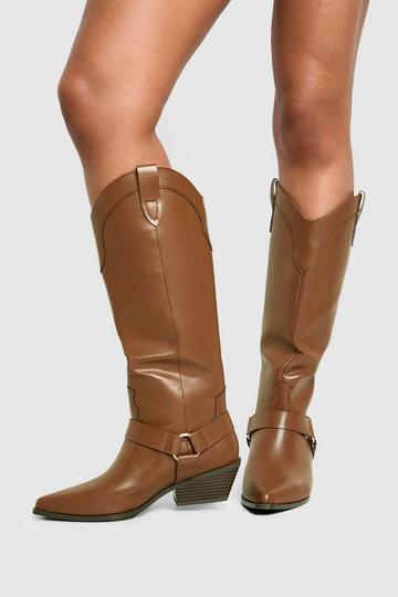 Tan Brown Wide Fit Western Style Harness Detail Knee High Boots