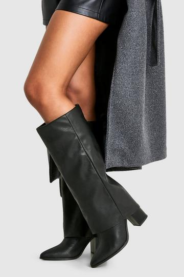 Wide Fit Textured Foldover Stacked Heel Knee High Boots black