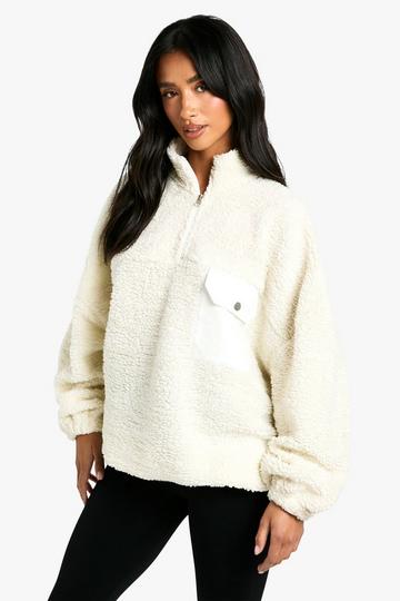 Cream White Petite Borg Nylon Pocket Half Zip Sweatshirt