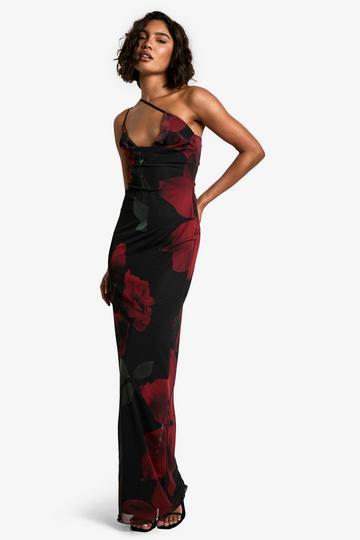 Tall Bold Floral Asymmetric Cowl Drape Maxi Dress dark red