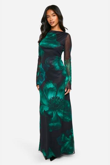 Petite Bold Floral Open Back Maxi Dress dark green