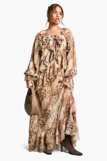 Petite Snake Ruffle Detail Chiffon Maxi Dress natural