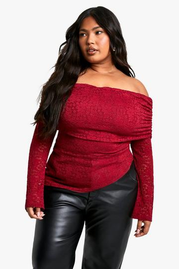 Plus Lace Off The Shoulder Asymmetric Top burgundy