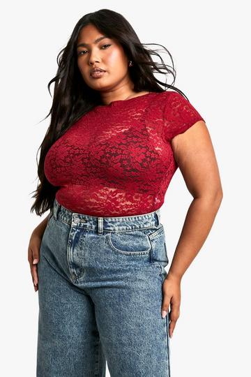 Plus Cap Sleeve Lace Top burgundy