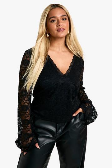 Plus Plunge Lace Flare Sleeve Top black