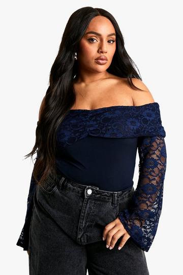 Plus Lace Ruched Overlay Stretch Bodysuit navy