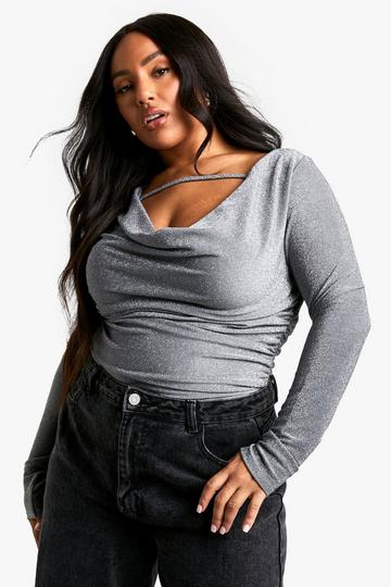 Plus Glitter Crepe Cowl Neck Top charcoal